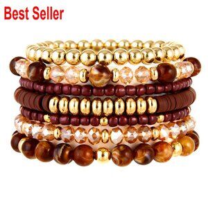 Stretch Beaded Bracelets Set, Vintage Gold & Brown Stackable Bohemian Jewelry